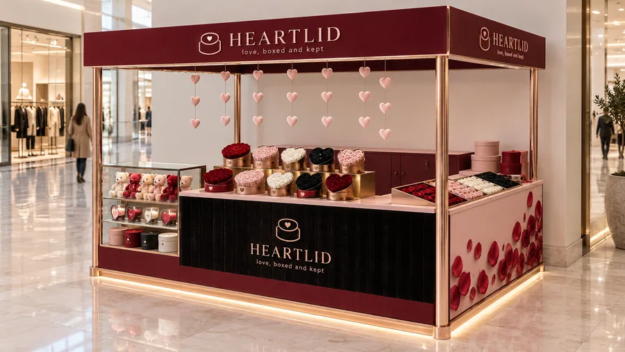 HEARTLID crowned kiosk in front of a wall — right three-quarter view, preserved roses in round and heart-shaped velvet boxes (AI-assisted 3D visualisation)