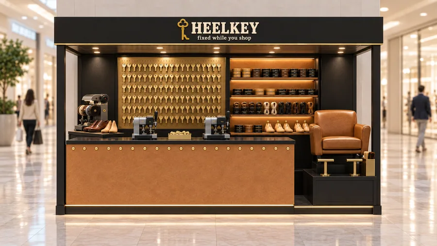 HEELKEY crowned kiosk in front of a wall — front view, key cutting (AI-assisted 3D visualisation)
