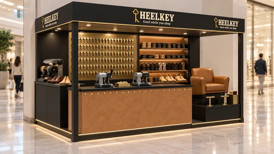 HEELKEY crowned kiosk in front of a wall — left three-quarter view, key cutting (AI-assisted 3D visualisation)