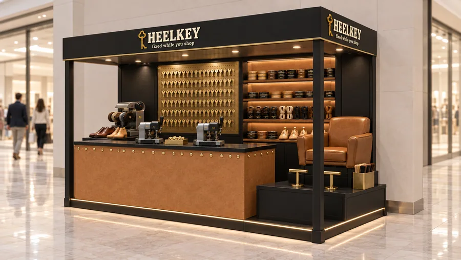 HEELKEY crowned kiosk in front of a wall — right three-quarter view, key cutting (AI-assisted 3D visualisation)
