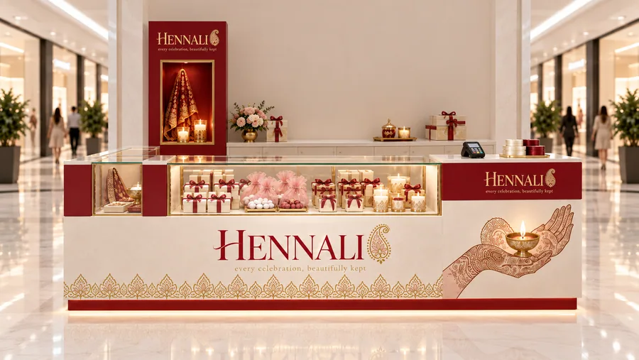 HENNALI counter-type kiosk in front of a wall — front view, wedding favours (AI-assisted 3D visualisation)