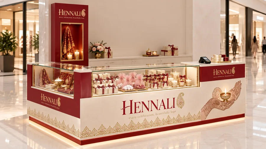 HENNALI counter-type kiosk in front of a wall — left three-quarter view, wedding favours (AI-assisted 3D visualisation)