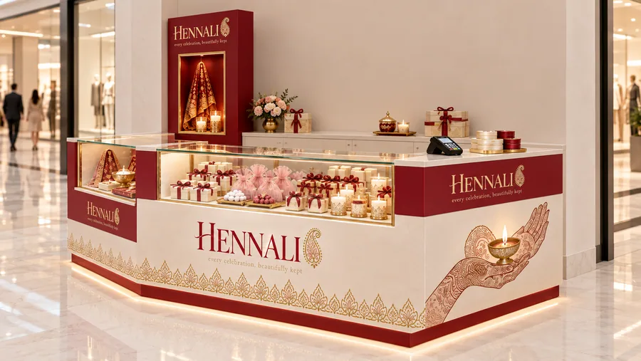 HENNALI counter-type kiosk in front of a wall — right three-quarter view, wedding favours (AI-assisted 3D visualisation)