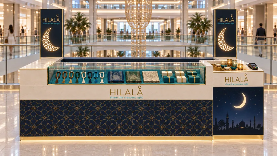 HILALA counter-type kiosk in front of a balcony — front view, Ramadan and Eid gifts (AI-assisted 3D visualisation)