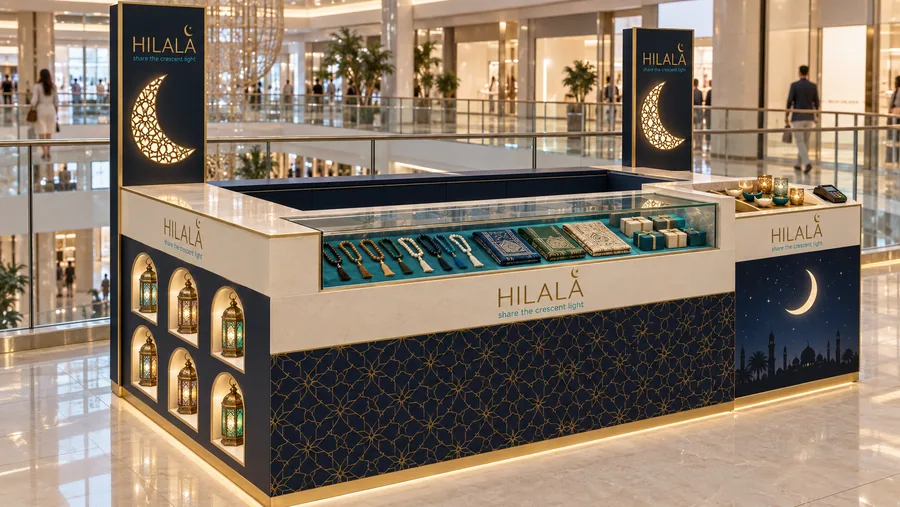 HILALA counter-type kiosk in front of a balcony — left three-quarter view, Ramadan and Eid gifts (AI-assisted 3D visualisation)