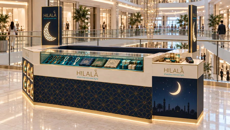HILALA counter-type kiosk in front of a balcony — right three-quarter view, Ramadan and Eid gifts (AI-assisted 3D visualisation)