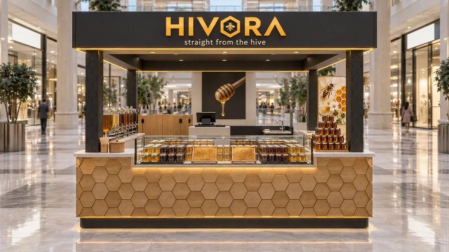 HIVORA crowned island kiosk — front view, raw honey (AI-assisted 3D visualisation)