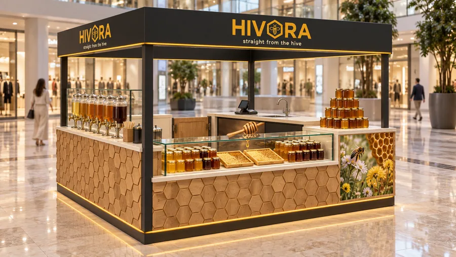 HIVORA crowned island kiosk — left three-quarter view, raw honey (AI-assisted 3D visualisation)