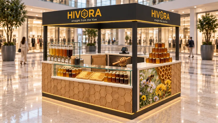 HIVORA crowned island kiosk — right three-quarter view, raw honey (AI-assisted 3D visualisation)