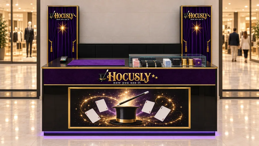 HOCUSLY counter-type kiosk in front of a wall — front view, magic trick sets for children and adults (AI-assisted 3D visualisation)