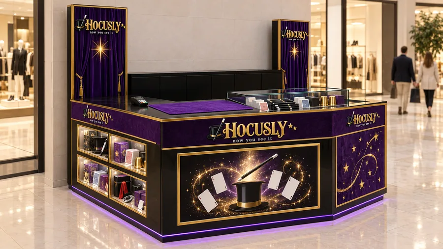 HOCUSLY counter-type kiosk in front of a wall — left three-quarter view, magic trick sets for children and adults (AI-assisted 3D visualisation)