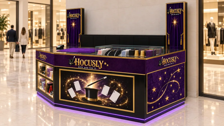 HOCUSLY counter-type kiosk in front of a wall — right three-quarter view, magic trick sets for children and adults (AI-assisted 3D visualisation)