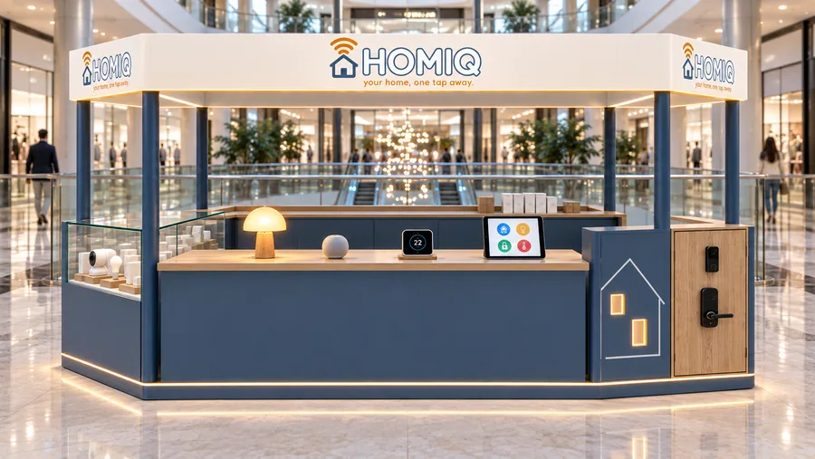 HOMIQ crowned kiosk in front of a balcony — front view, smart home gadgets (AI-assisted 3D visualisation)