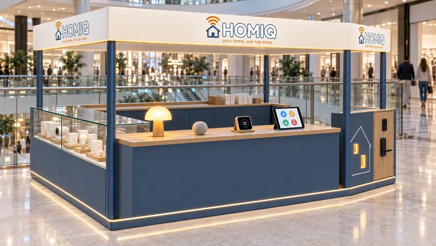 HOMIQ crowned kiosk in front of a balcony — left three-quarter view, smart home gadgets (AI-assisted 3D visualisation)