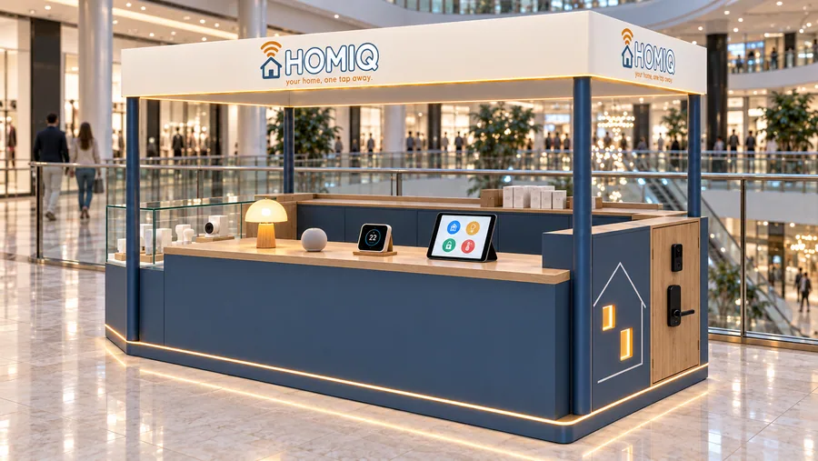 HOMIQ crowned kiosk in front of a balcony — right three-quarter view, smart home gadgets (AI-assisted 3D visualisation)