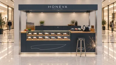 HONEVA — كشك متوّج أمام جدار (تصور ثلاثي الأبعاد بمساعدة الذكاء الاصطناعي)