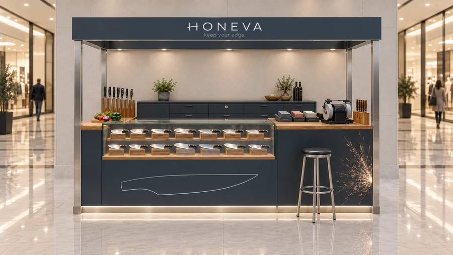 HONEVA crowned kiosk in front of a wall — front view, kitchen knives (AI-assisted 3D visualisation)