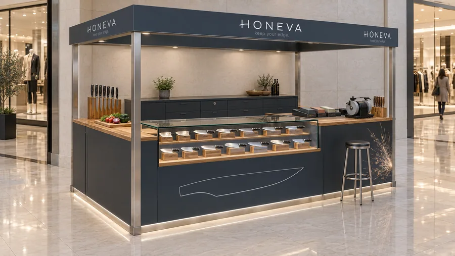 HONEVA crowned kiosk in front of a wall — left three-quarter view, kitchen knives (AI-assisted 3D visualisation)
