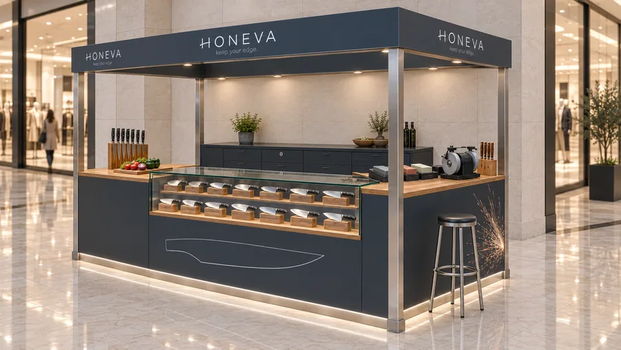HONEVA crowned kiosk in front of a wall — right three-quarter view, kitchen knives (AI-assisted 3D visualisation)