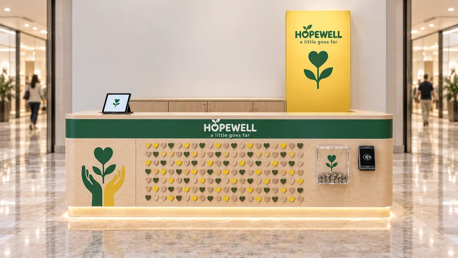 HOPEWELL counter-type kiosk in front of a wall — front view, charity donation point (AI-assisted 3D visualisation)