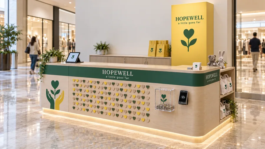 HOPEWELL counter-type kiosk in front of a wall — left three-quarter view, charity donation point (AI-assisted 3D visualisation)