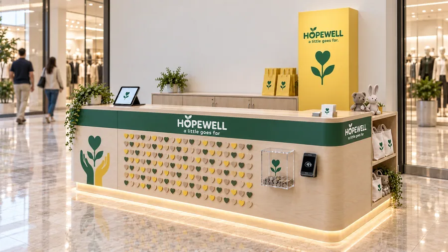 HOPEWELL counter-type kiosk in front of a wall — right three-quarter view, charity donation point (AI-assisted 3D visualisation)