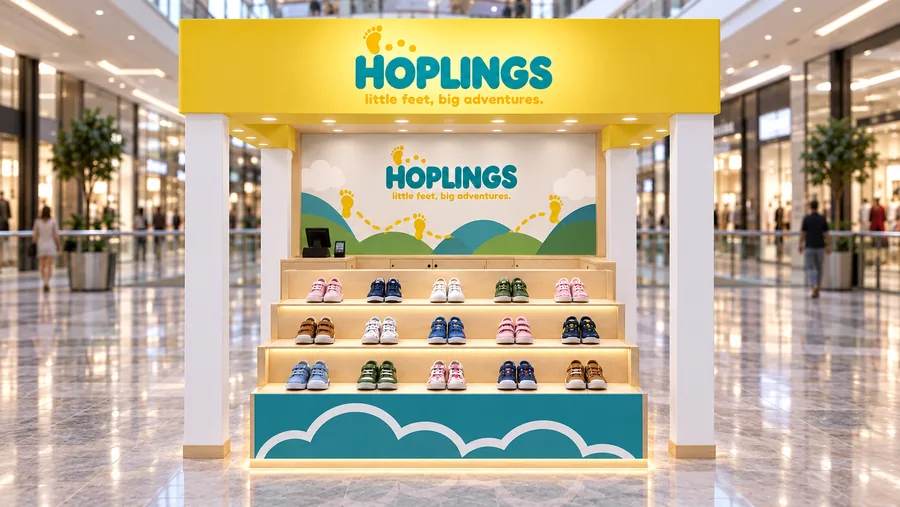 HOPLINGS crowned island kiosk — front view, children's shoes from first steps to school age (AI-assisted 3D visualisation)