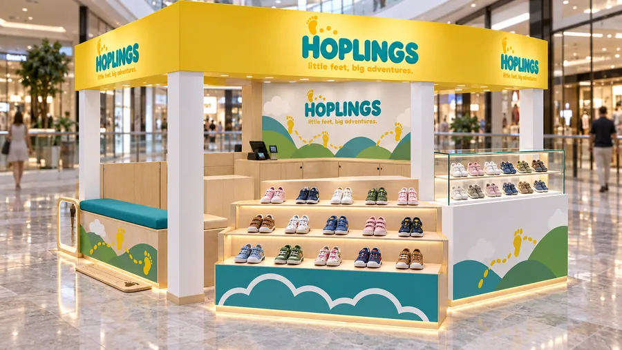 HOPLINGS crowned island kiosk — left three-quarter view, children's shoes from first steps to school age (AI-assisted 3D visualisation)