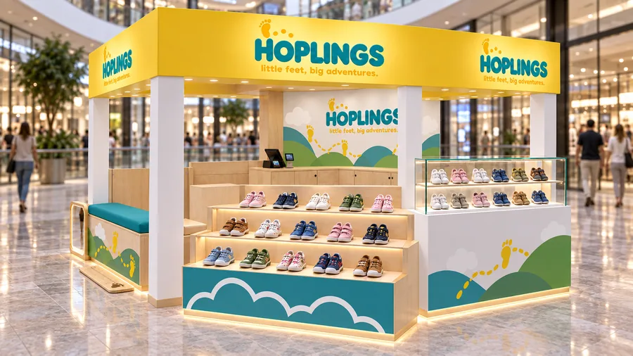 HOPLINGS crowned island kiosk — right three-quarter view, children's shoes from first steps to school age (AI-assisted 3D visualisation)