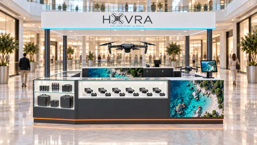 HOVRA crowned island kiosk — front view, folding camera drones (AI-assisted 3D visualisation)