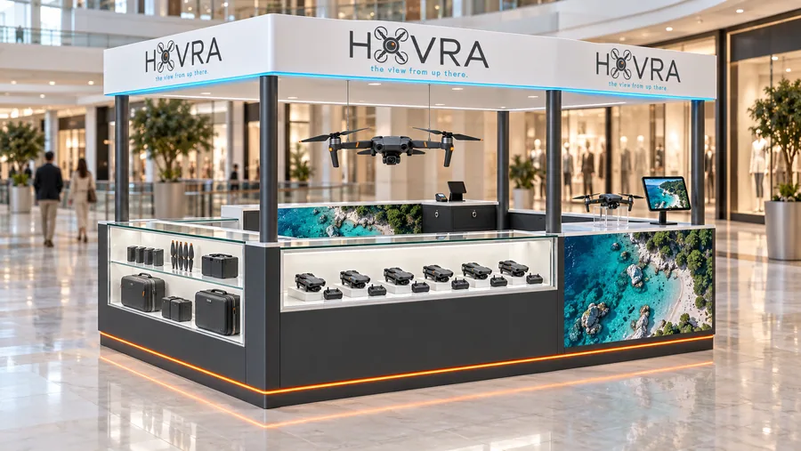 HOVRA crowned island kiosk — left three-quarter view, folding camera drones (AI-assisted 3D visualisation)