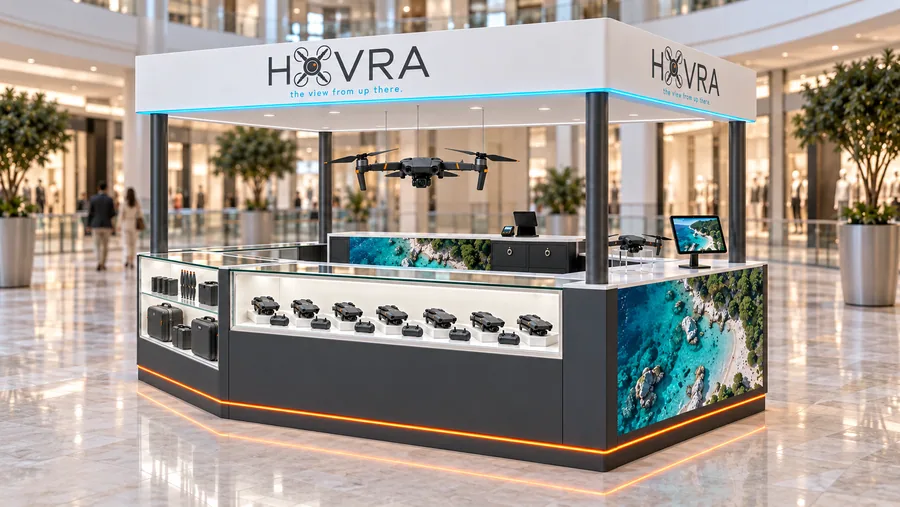 HOVRA crowned island kiosk — right three-quarter view, folding camera drones (AI-assisted 3D visualisation)