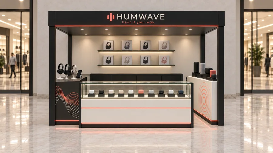 HUMWAVE crowned kiosk in front of a wall — front view, wireless audio (AI-assisted 3D visualisation)