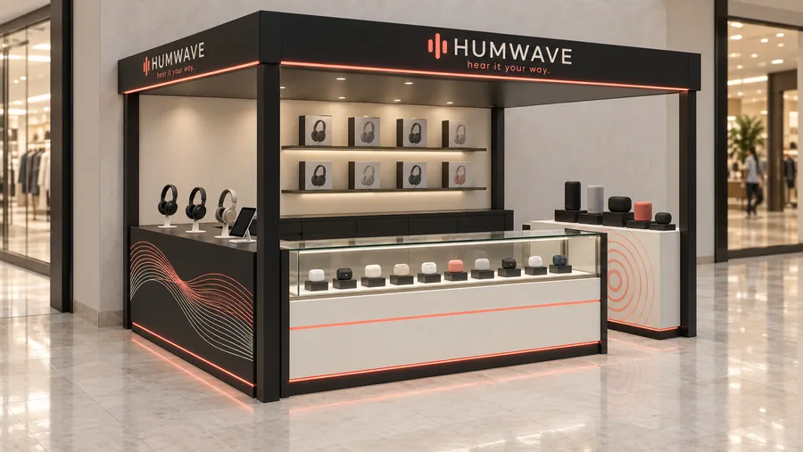 HUMWAVE crowned kiosk in front of a wall — left three-quarter view, wireless audio (AI-assisted 3D visualisation)