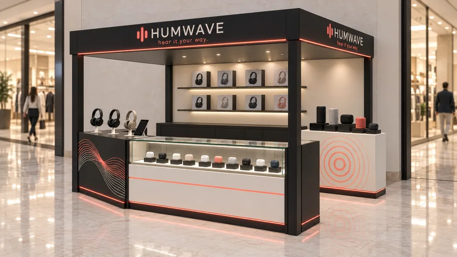 HUMWAVE crowned kiosk in front of a wall — right three-quarter view, wireless audio (AI-assisted 3D visualisation)