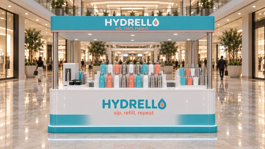 HYDRELLO crowned island kiosk — front view, reusable water bottles (AI-assisted 3D visualisation)