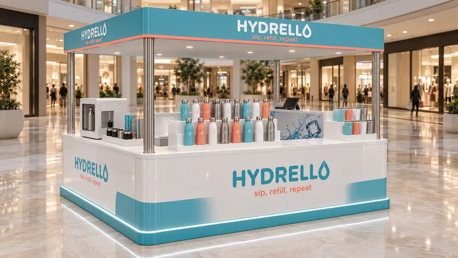 HYDRELLO crowned island kiosk — left three-quarter view, reusable water bottles (AI-assisted 3D visualisation)