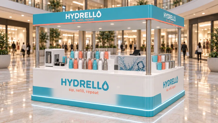 HYDRELLO crowned island kiosk — right three-quarter view, reusable water bottles (AI-assisted 3D visualisation)