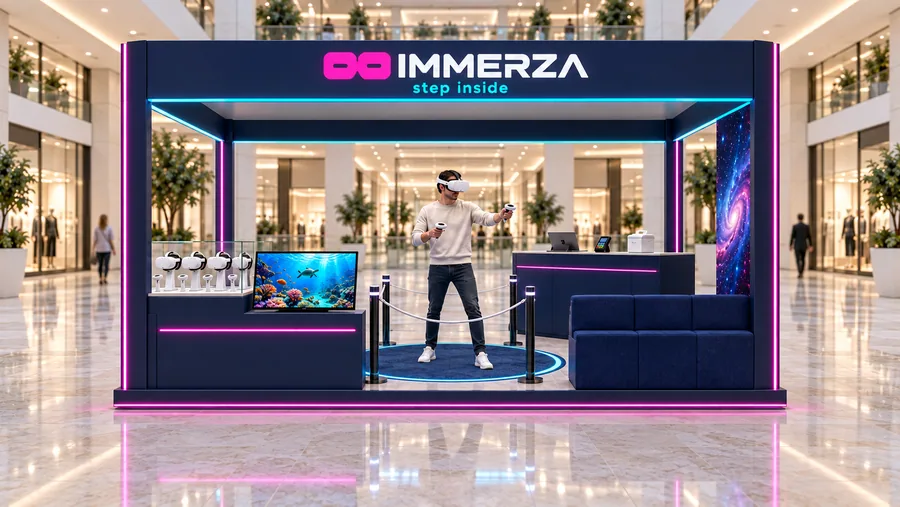 IMMERZA crowned island kiosk — front view, VR headset try-on experience (AI-assisted 3D visualisation)