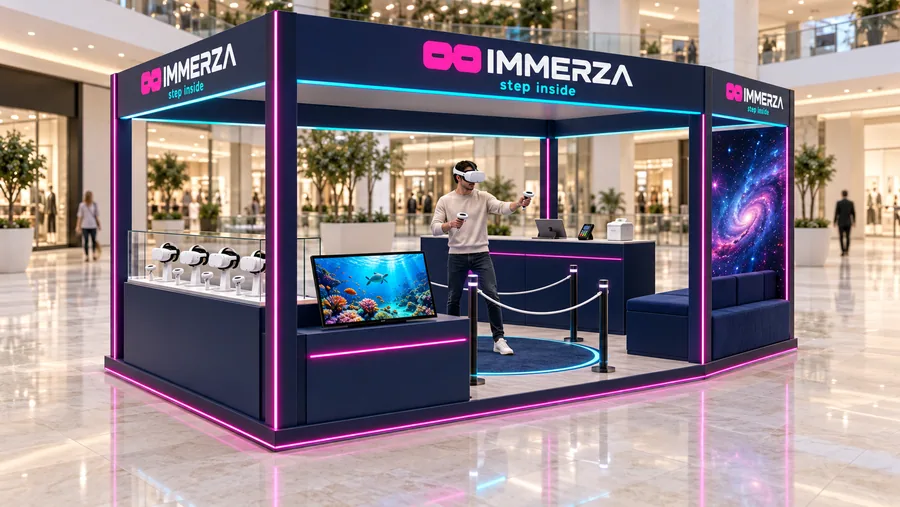 IMMERZA crowned island kiosk — left three-quarter view, VR headset try-on experience (AI-assisted 3D visualisation)