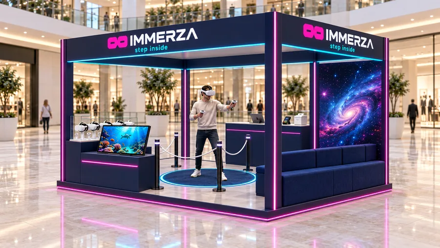 IMMERZA crowned island kiosk — right three-quarter view, VR headset try-on experience (AI-assisted 3D visualisation)