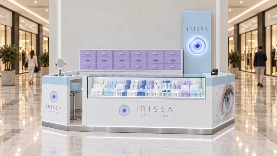 IRISSA counter-type kiosk in front of a wall — front view, contact lenses (AI-assisted 3D visualisation)