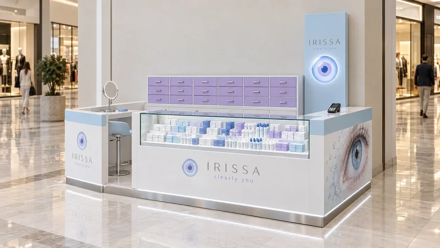 IRISSA counter-type kiosk in front of a wall — left three-quarter view, contact lenses (AI-assisted 3D visualisation)