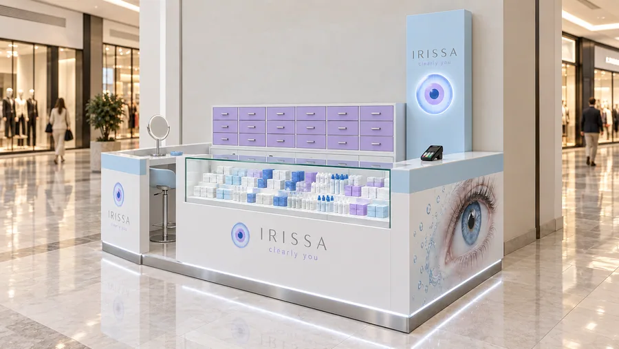 IRISSA counter-type kiosk in front of a wall — right three-quarter view, contact lenses (AI-assisted 3D visualisation)