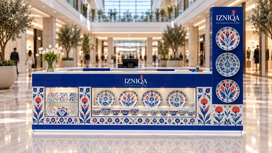 IZNIQA counter-type island kiosk — front view, hand-painted Iznik-style ceramics (AI-assisted 3D visualisation)