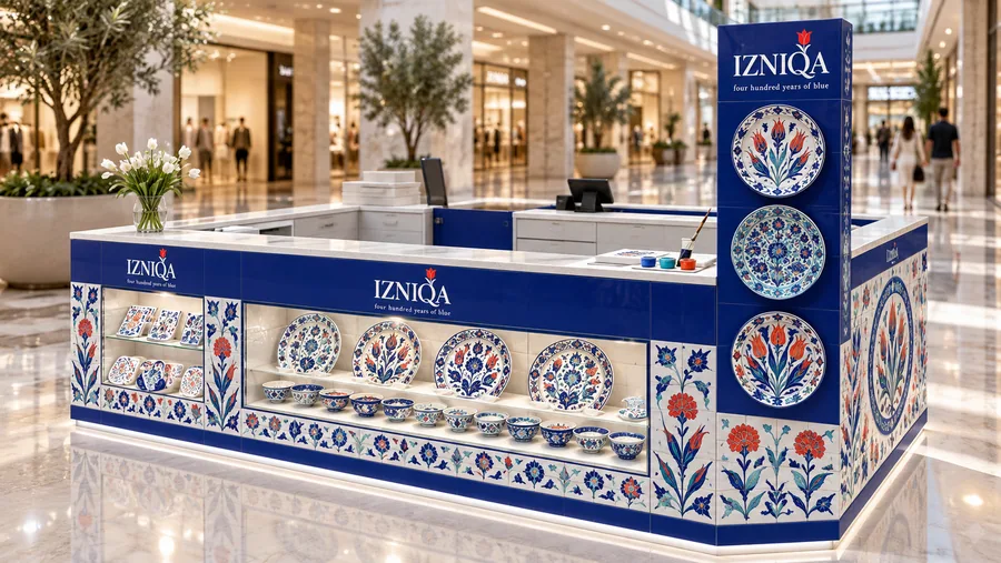 IZNIQA counter-type island kiosk — left three-quarter view, hand-painted Iznik-style ceramics (AI-assisted 3D visualisation)
