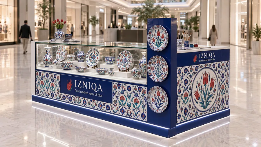 IZNIQA counter-type island kiosk — right three-quarter view, hand-painted Iznik-style ceramics (AI-assisted 3D visualisation)