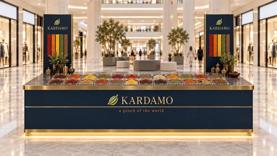 KARDAMO counter-type island kiosk — front view, whole and ground spices (AI-assisted 3D visualisation)