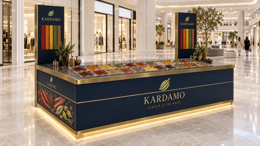 KARDAMO counter-type island kiosk — left three-quarter view, whole and ground spices (AI-assisted 3D visualisation)