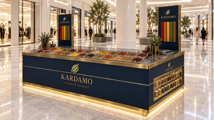 KARDAMO counter-type island kiosk — right three-quarter view, whole and ground spices (AI-assisted 3D visualisation)